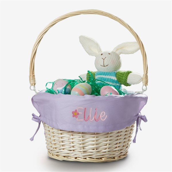 Floral Name Embroidered Willow Easter Basket with Folding Handle - 57526