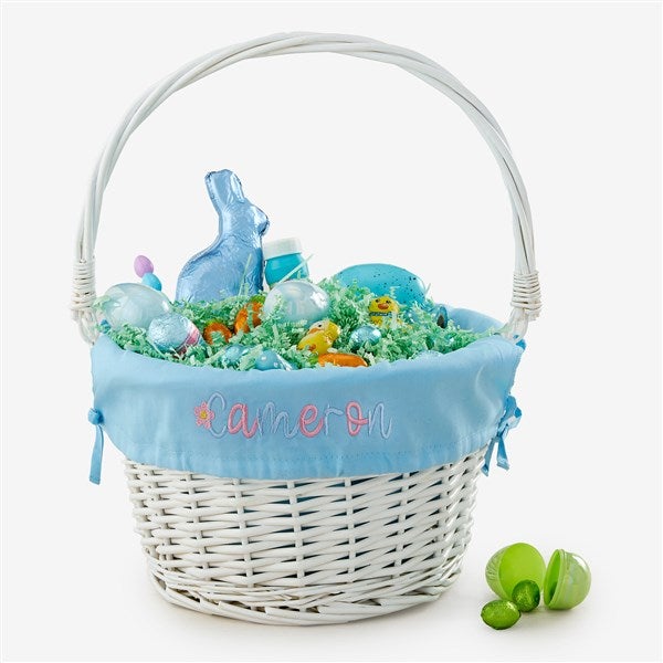 Floral Name Embroidered White Easter Basket with Folding Handle - 57527