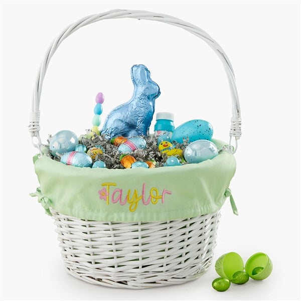 Floral Name Embroidered White Easter Basket with Folding Handle - 57527