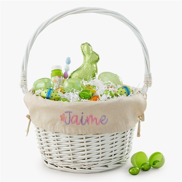 Floral Name Embroidered White Easter Basket with Folding Handle - 57527