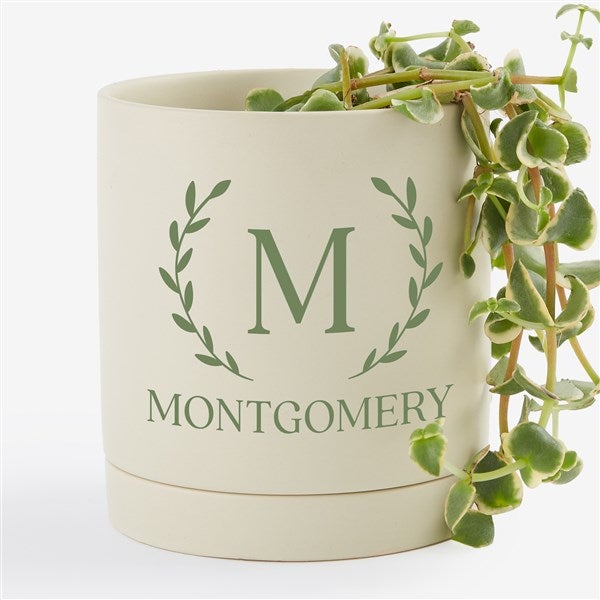Laurel Initial Personalized Ceramic Flower Pot & Saucer - Cream  - 57607