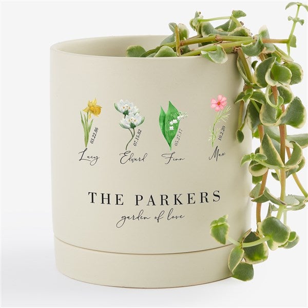 Birth Month Flower Personalized Ceramic Pot & Saucer - Cream - 57608