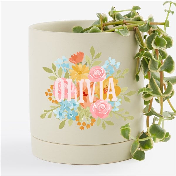 Sweet Blooms Personalized Cream Ceramic Pot & Saucer  - 57609