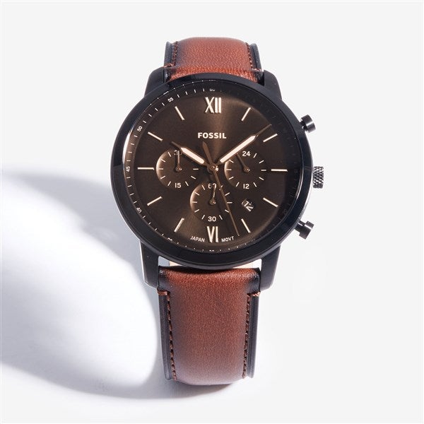 Engraved Fossil Men's Neutral Brown Leather Watch - 57725