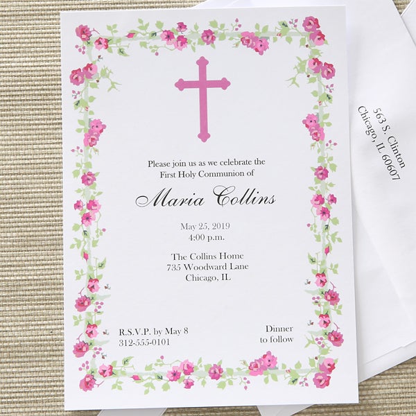Girl S Personalized First Holy Communion Invitations Floral Design
