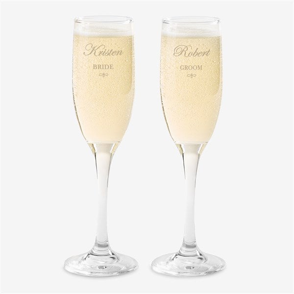 Engraved Crystal Champagne Flutes - Bride and Groom Design - 7095