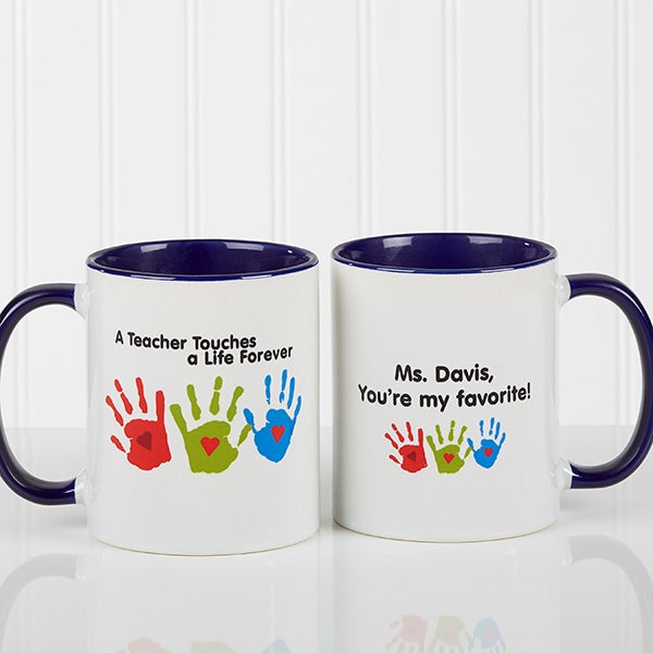 Personalized Teacher Coffee Mugs Kids Handprints Blue Handle Personalized Teacher Coffee Mugs Kids