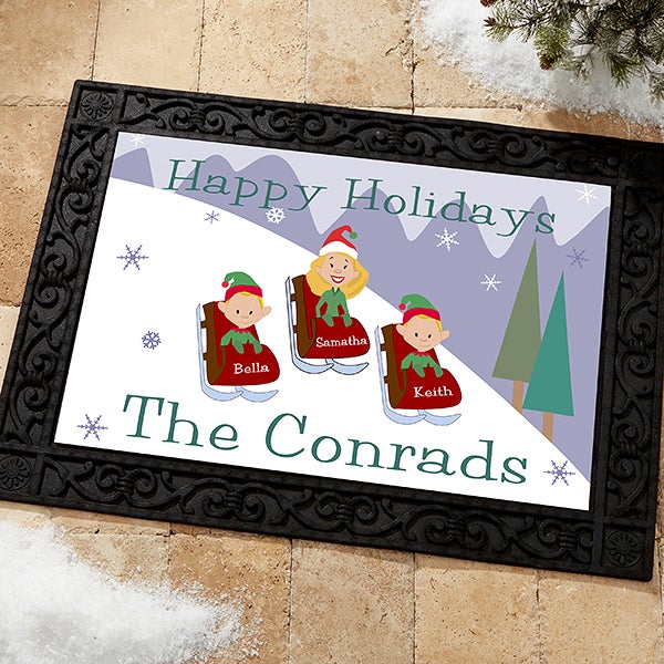 Personalized Holiday Doormats - Sledding Family - 9184