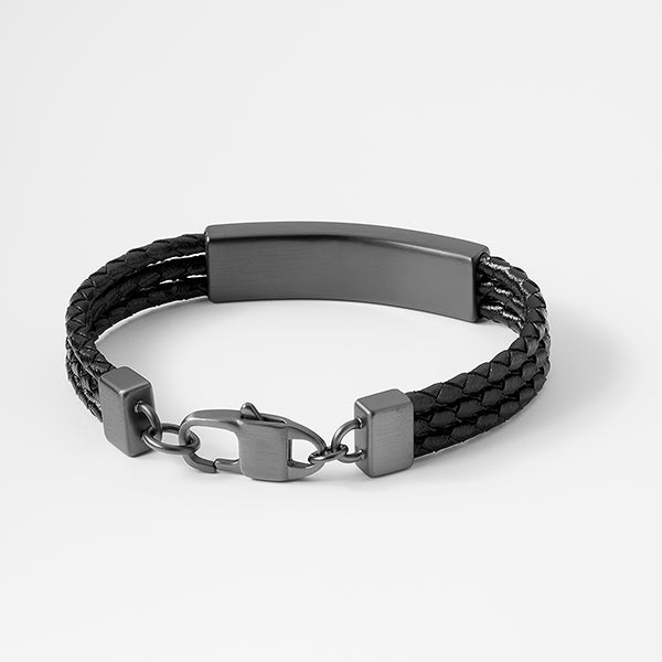 Engraved Triple Black Leather with Satin Gunmetal ID Bracelet