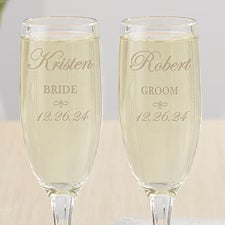 Engraved Crystal Champagne Flutes - Bride and Groom Design - 7095