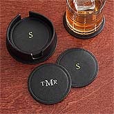 Personalized Drink Coasters - Black Leather - 8740