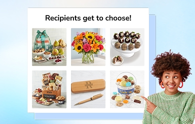 female pointing to images of products