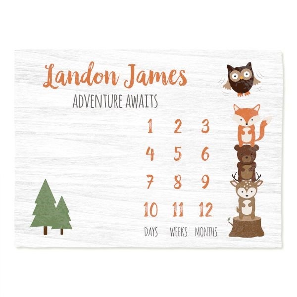 Woodland Friends Double-Sided Baby Milestone Blanket - 50x40 Inch, 310 GSM Fleece - Forest Photo Prop For Boys & Girls