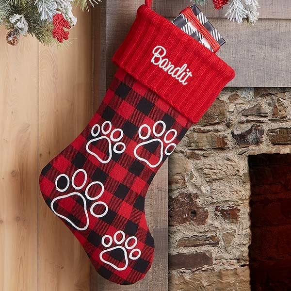 Buffalo Check Paw Prints Personalized Red Dog Christmas Stocking