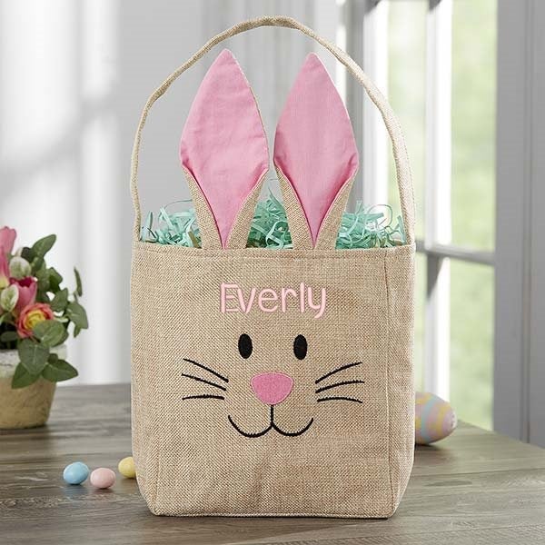 Bunny Face Personalized Blue Burlap Easter Treat Bag