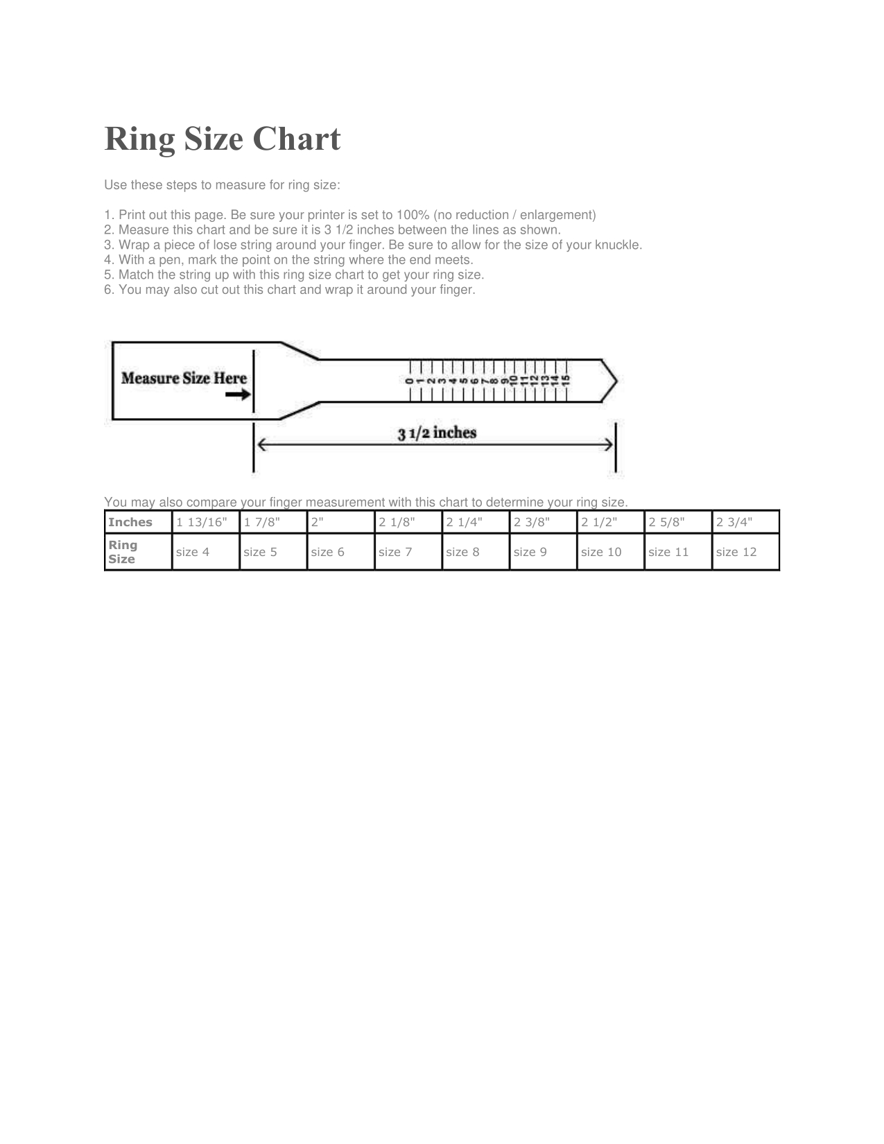 Ring Size Chart Instructions